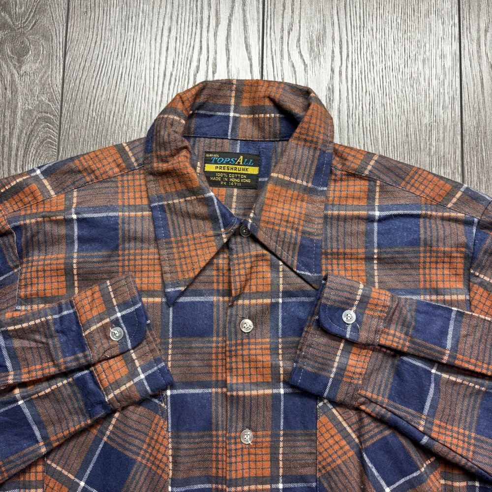 Vintage 80s Topsall Men Medium Plaid Flannel Shirt Orange Navy Blue Cotton 14711